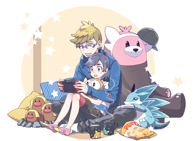 2boys alolan_dugtrio alolan_sandslash bangs bewear blonde_hair character_print closed_eyes commentary_request cup elio_(pokemon) glasses holding knees long_sleeves male_focus minior molayne_(pokemon) mug multiple_boys open_mouth pink_footwear pokemon pokemon_(creature) pokemon_(game) pokemon_sm rowlet shirt short_hair short_sleeves sitting slowpoke smile socks star_(symbol) steam striped striped_shirt t-shirt xichii