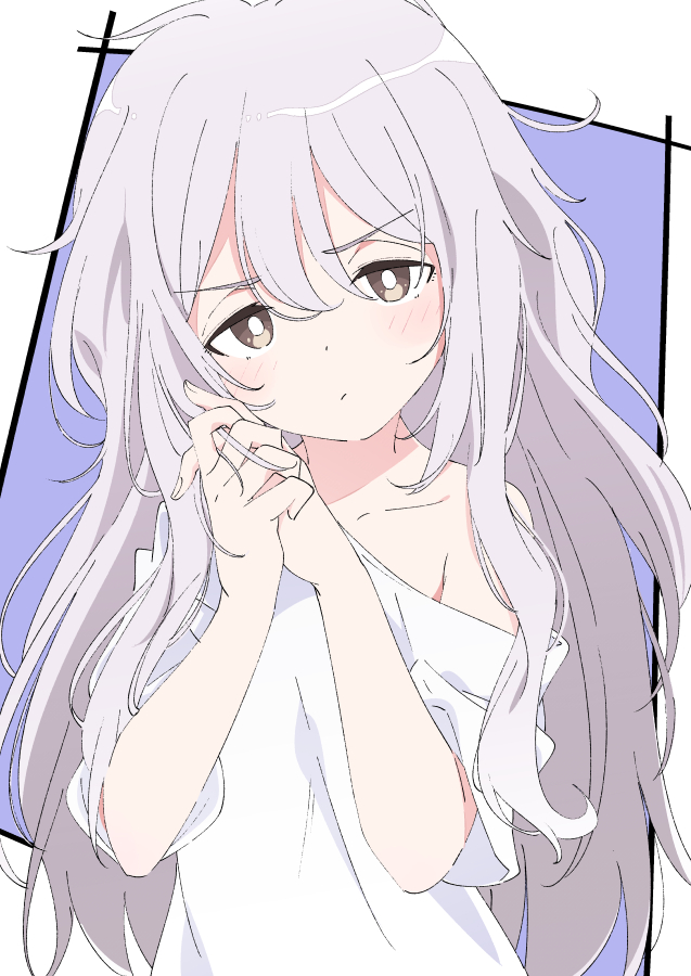 1girl bare_shoulders blush brown_eyes closed_mouth collarbone commentary_request copyright_request eyebrows_visible_through_hair fingernails grey_hair ixy long_hair looking_at_viewer off_shoulder shirt short_sleeves solo t-shirt upper_body white_shirt