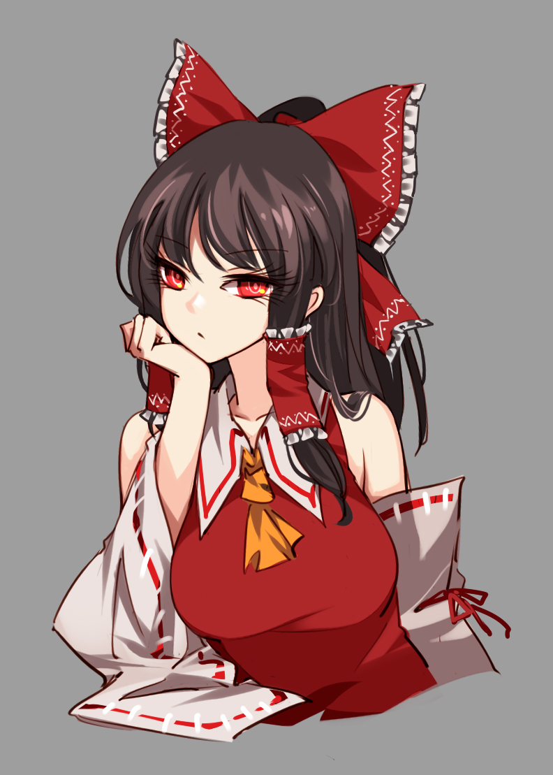 1girl :/ ascot bangs bow breasts brown_hair commentary_request cropped_torso detached_sleeves elbow_rest eyebrows_visible_through_hair frilled_shirt_collar frills grey_background hair_bow hair_tubes hakurei_reimu hand_on_own_face large_breasts long_hair long_sleeves looking_at_viewer nontraditional_miko ponytail raptor7 red_bow red_eyes red_vest ribbon-trimmed_sleeves ribbon_trim simple_background solo touhou upper_body vest yellow_neckwear