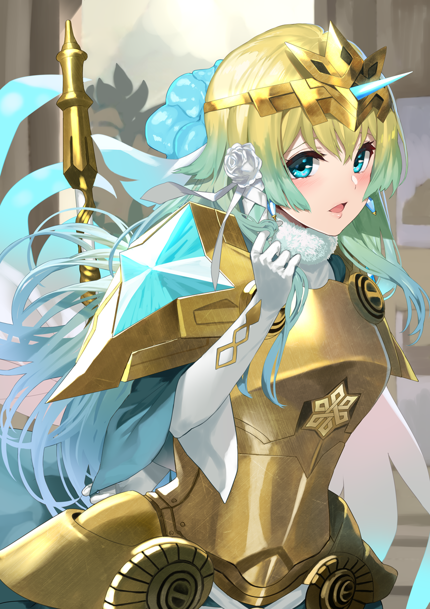 1girl armor bangs blonde_hair blue_eyes blue_hair breastplate commentary_request earrings elbow_gloves eyebrows_visible_through_hair fire_emblem fire_emblem_heroes fjorm_(fire_emblem) flower full_body fur_collar gloves hair_between_eyes hair_flower hair_ornament hand_up headpiece highres jewelry long_hair long_sleeves looking_at_viewer open_mouth pauldrons rose shoulder_armor solo spikes very_long_hair white_flower white_gloves white_rose wide_sleeves yappen