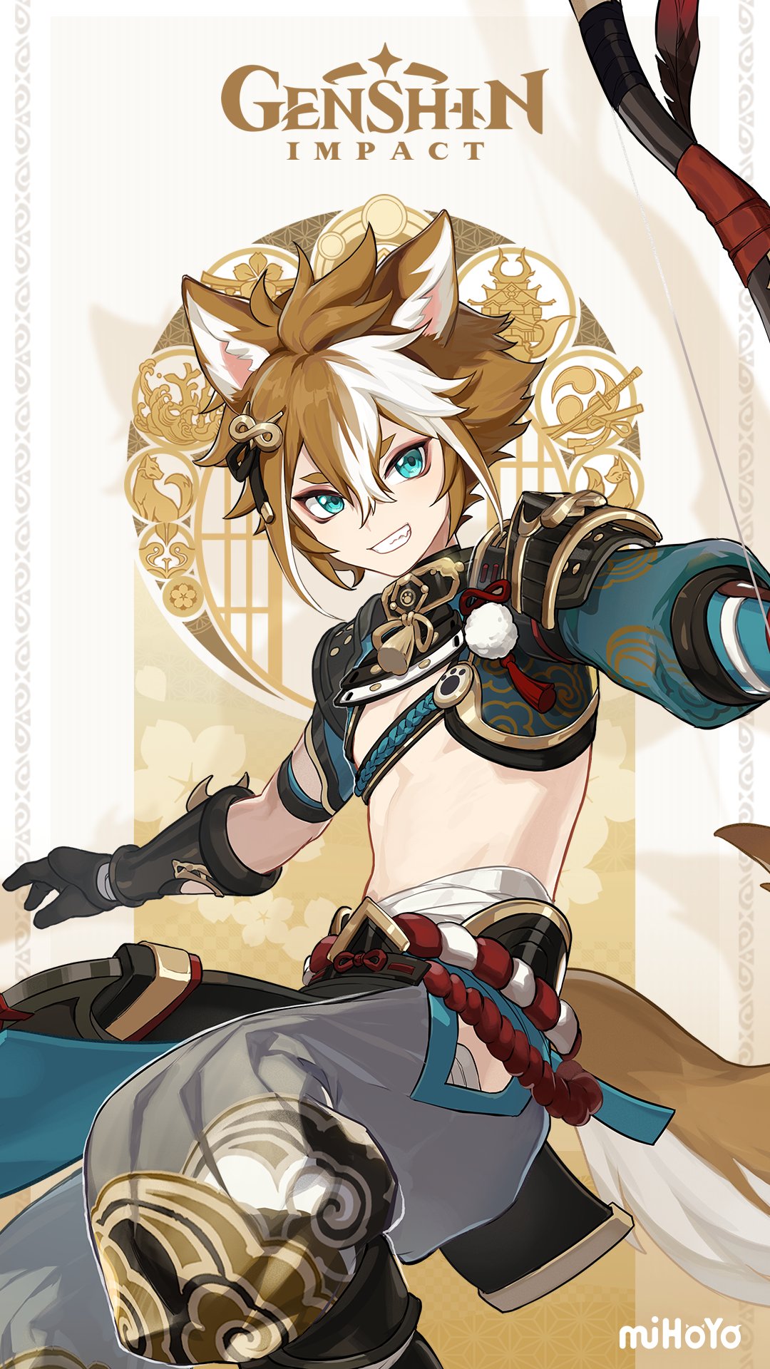 1boy animal_ears blue_eyes bow_(weapon) brown_hair english_commentary fox_boy fox_ears genshin_impact gloves gorou_(genshin_impact) grin hair_between_eyes highres holding holding_bow_(weapon) holding_weapon japanese_clothes male_focus multicolored_hair official_art smile solo streaked_hair tassel weapon white_hair