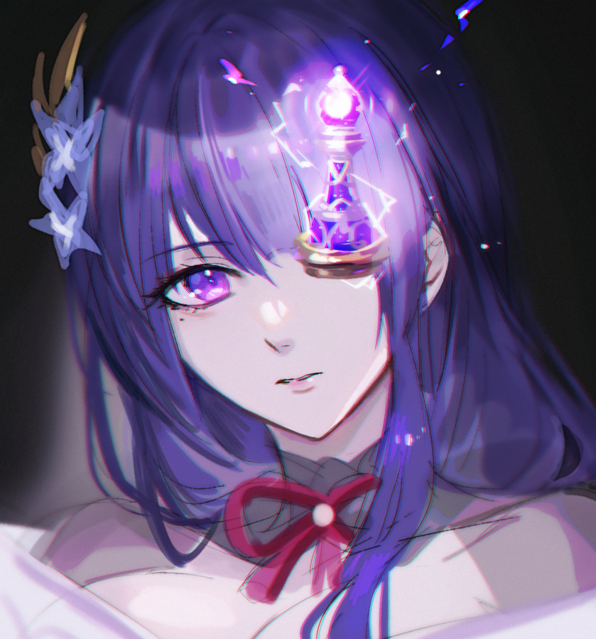 1girl bangs chess_piece commentary electricity eyebrows_visible_through_hair flower fractalmagnolia genshin_impact hair_flower hair_ornament long_hair looking_at_viewer mole mole_under_eye one_eye_covered parted_lips purple_flower purple_hair raiden_shogun ribbon simple_background solo symbol-only_commentary violet_eyes