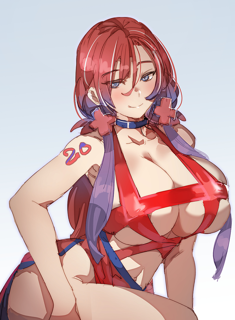 1girl bare_shoulders blue_background blue_choker blue_eyes bow_(bhp) breasts choker closed_mouth contrapposto huge_breasts long_hair looking_at_viewer navel original redhead shoulder_tattoo simple_background skindentation smile solo tattoo