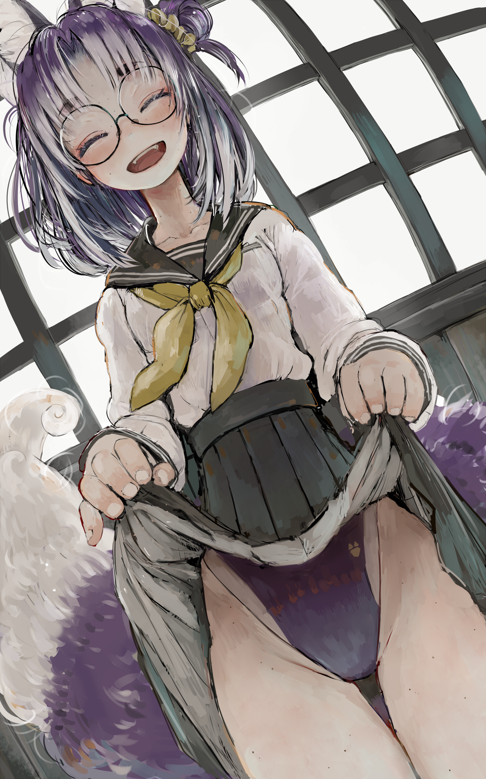 1girl :d animal_ears black_sailor_collar black_skirt blush clothes_lift ebimomo facing_viewer fingernails fox_ears fox_tail glasses hair_ornament hair_scrunchie head_tilt highres large_tail long_sleeves medium_hair mole mole_under_eye multicolored_hair neckerchief one_side_up open_mouth original pleated_skirt purple_hair round_eyewear sailor_collar school_uniform scrunchie serafuku shirt skirt skirt_lift smile solo streaked_hair tail white_shirt yellow_neckwear