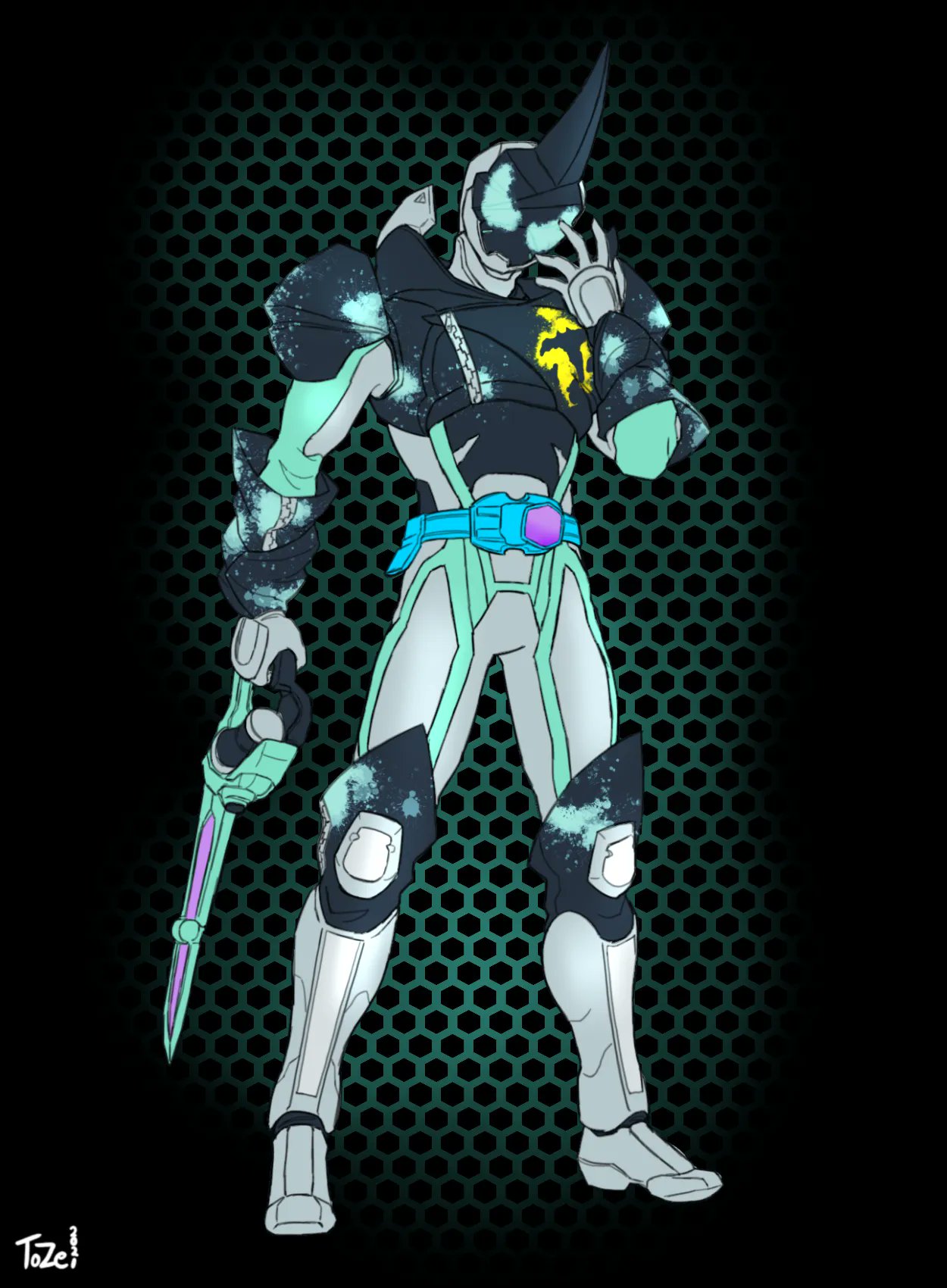 1boy armor bat black_armor boots driver evil flat_color gloves grey_gloves highres holding holding_weapon kamen_rider kamen_rider_evil kamen_rider_revice male_focus open_hand rider_belt spiked_helmet spray_paint sword to_ze two-tone_footwear villain_pose weapon zipper zipper_pull_tab