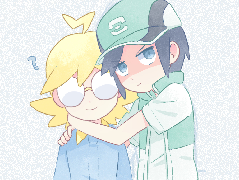 2boys ? ahoge akasaka_(qv92612) bangs baseball_cap black_hair blonde_hair blue_jumpsuit clemont_(pokemon) closed_mouth commentary_request glasses green_headwear green_jacket grey_background hand_on_another's_shoulder hat hug jacket male_focus medium_hair multiple_boys opaque_glasses pokemon pokemon_(game) pokemon_masters_ex pokemon_xy scottie_(pokemon) shirt short_hair short_sleeves sleeveless sleeveless_jacket smile white_shirt