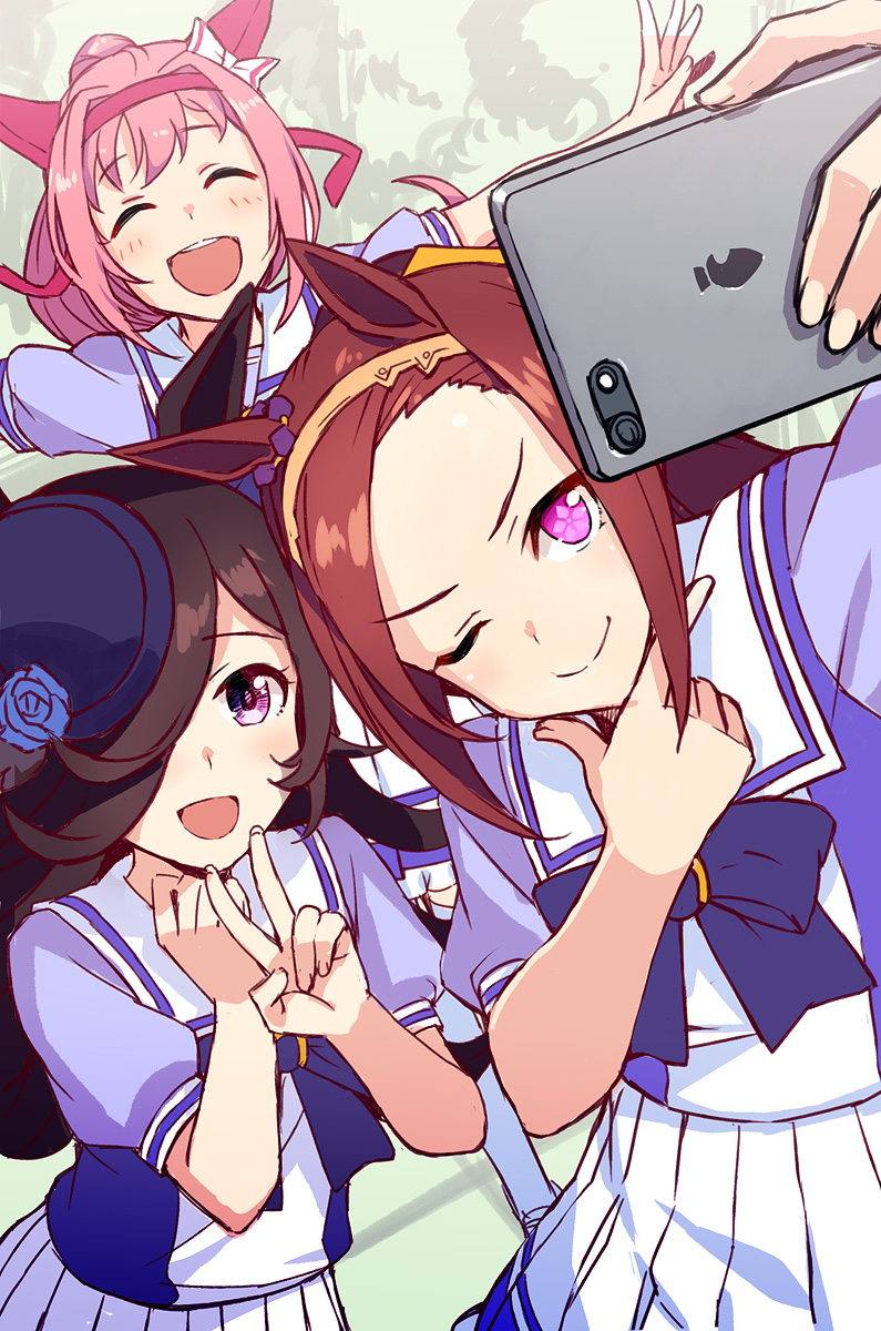 3girls :d animal_ears blush brown_hair cellphone closed_mouth facing_viewer fingernails flower_in_eye hair_over_one_eye hairband hand_on_own_chin hand_up haru_urara_(umamusume) hat headband highres holding holding_phone horse_ears itou_(onsoku_tassha) logo_parody long_hair multiple_girls one_eye_closed one_eye_covered open_mouth outstretched_arms phone pink_eyes pink_hair pleated_skirt puffy_short_sleeves puffy_sleeves purple_shirt rice_shower_(umamusume) sailor_collar sakura_bakushin_o_(umamusume) school_uniform selfie serafuku shirt short_sleeves skirt smartphone smile smug spread_arms symbol_in_eye umamusume v white_nails white_sailor_collar white_skirt