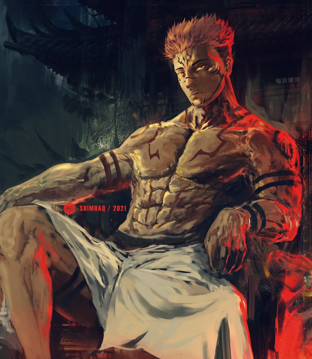 1boy abs architecture brown_hair closed_mouth dated east_asian_architecture extra_eyes facial_mark forehead_tattoo highres itadori_yuuji jujutsu_kaisen looking_at_viewer male_focus muscular muscular_male pectorals red_eyes ryoumen_sukuna_(jujutsu_kaisen) shimhaq short_hair signature sitting solo tattoo throne topless_male very_short_hair