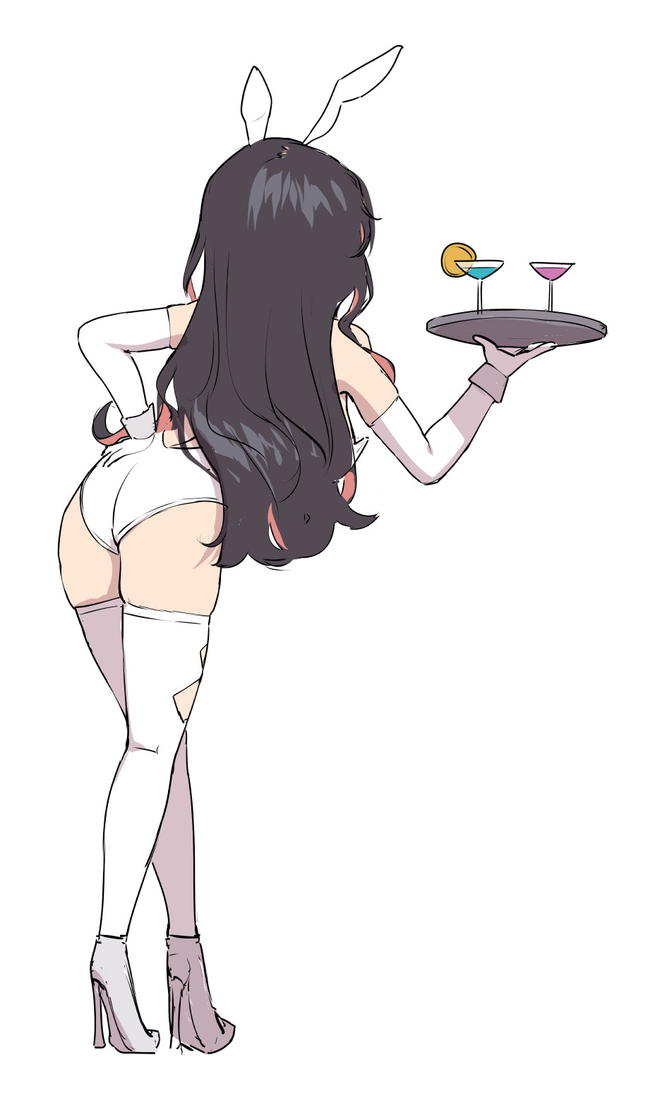1girl alternate_costume animal_ears ass black_hair cocktail_glass cup drinking_glass elbow_gloves fake_animal_ears from_behind full_body gloves hand_on_hip high_heels highres holding holding_tray kantai_collection leotard long_hair looking_at_viewer multicolored_hair naganami_(kancolle) pink_hair playboy_bunny rabbit_ears rabbit_tail satsuki_neko simple_background solo standing strapless tail thigh-highs tray two-tone_hair white_background white_gloves white_legwear