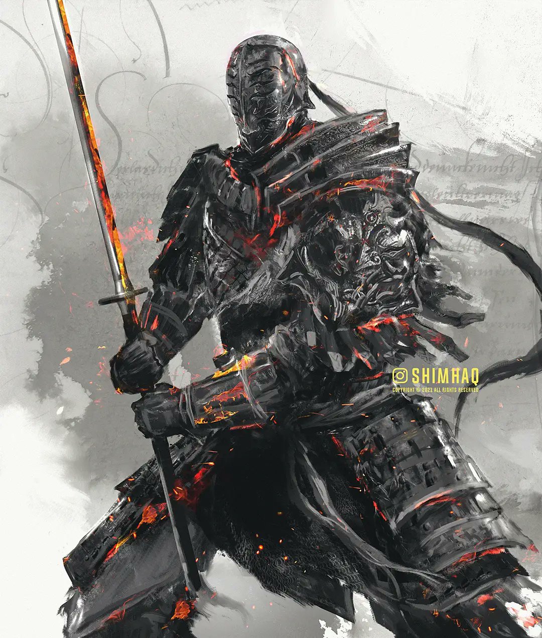 1boy armor artist_name breastplate commentary covered_face dark_souls_(series) dark_souls_ii embers english_commentary fighting_stance full_armor helmet highres holding holding_sword holding_weapon japanese_armor kusazuri male_focus pauldrons shimhaq shoulder_armor sir_alonne solo standing sword two-handed weapon