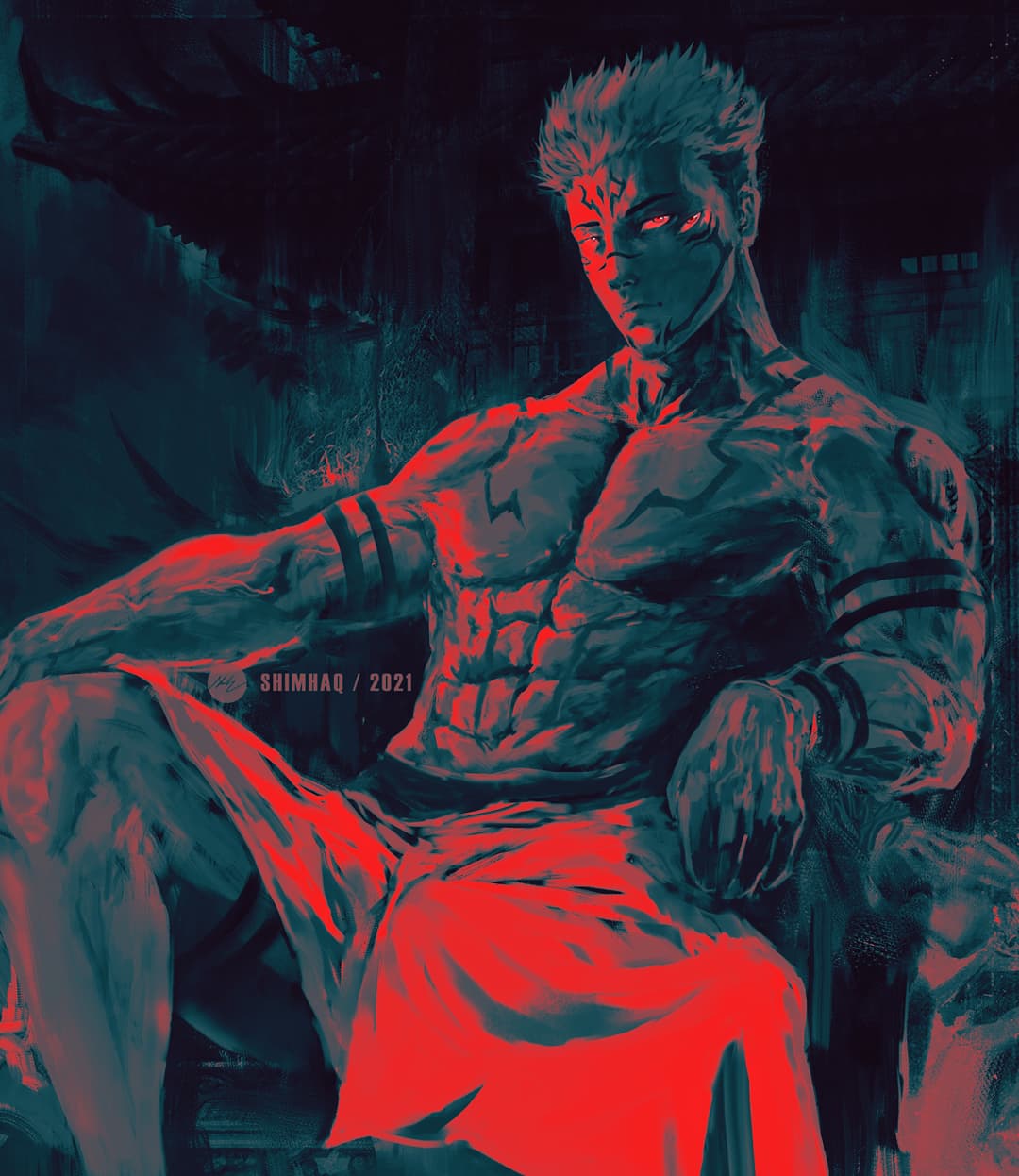 1boy abs architecture closed_mouth dark dated east_asian_architecture extra_eyes facial_mark forehead_tattoo highres itadori_yuuji jujutsu_kaisen looking_at_viewer male_focus monochrome muscular muscular_male pectorals red_eyes red_theme ryoumen_sukuna_(jujutsu_kaisen) shimhaq short_hair signature sitting solo tattoo throne topless_male very_short_hair