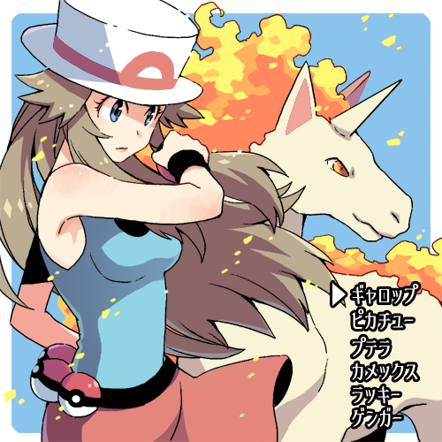 1girl black_wristband blue_eyes blue_shirt breasts brown_hair closed_mouth commentary_request embers eyelashes floating_hair from_side hand_up hat leaf_(pokemon) long_hair lowres poke_ball poke_ball_(basic) pokemon pokemon_(creature) pokemon_(game) pokemon_frlg rapidash shirt skirt sleeveless sleeveless_shirt translation_request white_headwear xichii