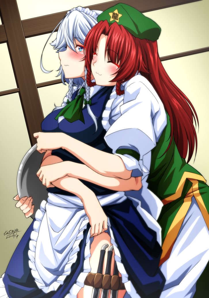 2girls :3 ahoge apron ascot bangs beret blue_dress blue_eyes blush braid breasts chinese_clothes closed_eyes clothes_lift collared_shirt commentary_request dated dress eyebrows_visible_through_hair frilled_dress frills green_neckwear hair_ribbon hat hat_ornament holster hong_meiling hug hug_from_behind izayoi_sakuya knife_holster large_breasts long_hair looking_at_viewer maid maid_apron maid_headdress multiple_girls pants parted_bangs puffy_short_sleeves puffy_sleeves redhead ribbon shirt short_sleeves signature skirt skirt_lift standing star_(symbol) star_hat_ornament tatsuya_(guild_plus) thigh_holster touhou tray tress_ribbon twin_braids white_pants wing_collar
