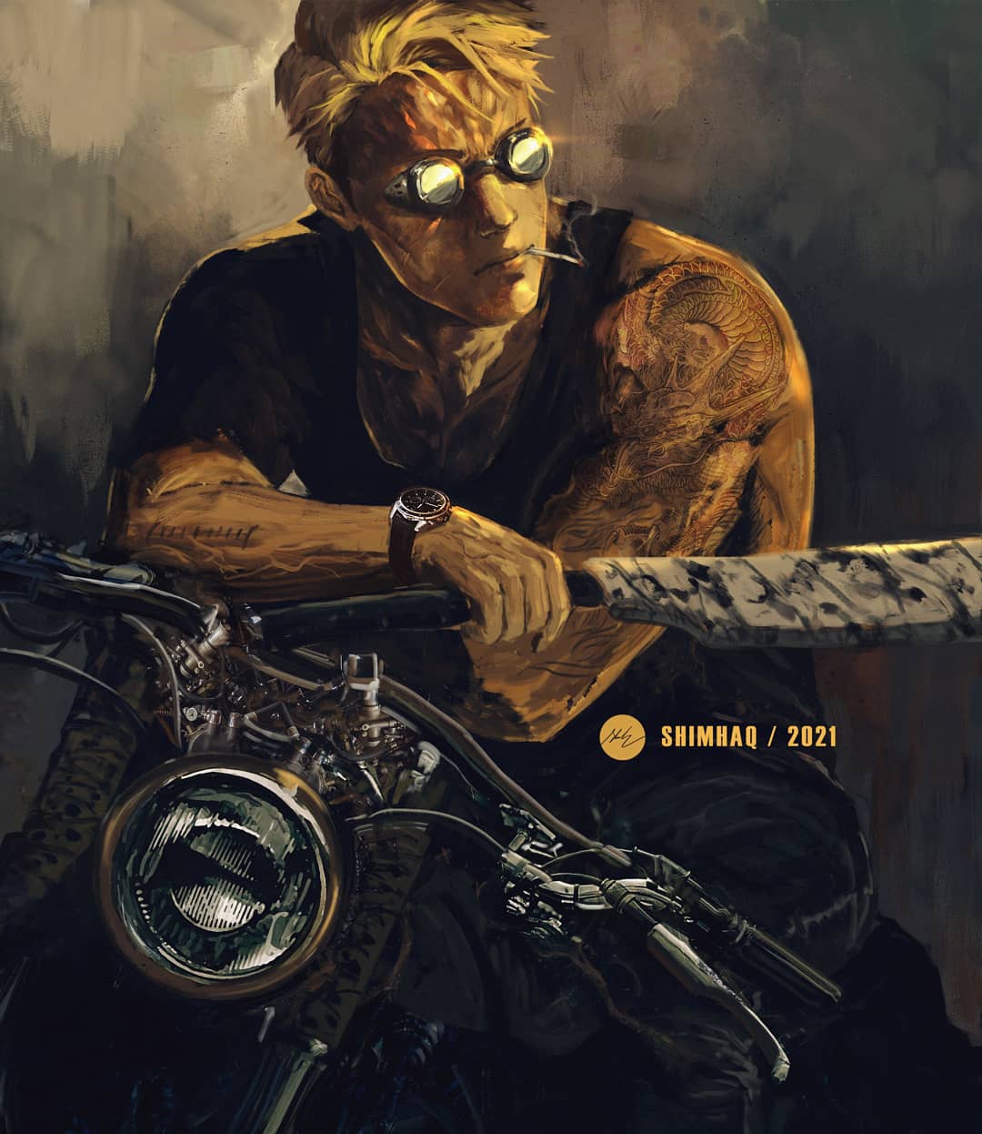 1boy black_pants black_shirt blonde_hair character_request closed_mouth dragon_tattoo goggles ground_vehicle highres jujutsu_kaisen male_focus motor_vehicle motorcycle mouth_hold pants shimhaq shirt short_hair shoulder_tattoo sleeveless sleeveless_shirt solo tattoo very_short_hair watch watch