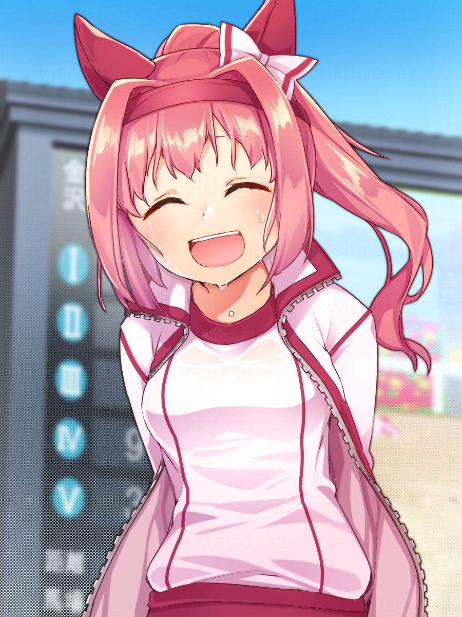 1girl animal_ears arms_behind_back bow buruma closed_eyes ear_covers gym_uniform hair_bow hair_intakes haru_urara_(umamusume) headband highres horse_ears horse_girl jacket kishiro_azuhito long_hair open_mouth outdoors pink_hair ponytail red_buruma ribbon shirt smile solo sweat track_jacket umamusume upper_body white_jacket white_shirt