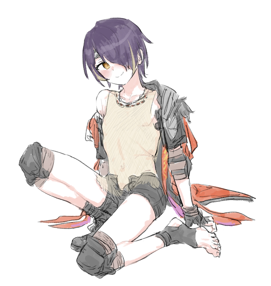 1boy alternate_costume androgynous arm_support boots brown_eyes collarbone dangomushidara elbow_pads ensemble_stars! fingerless_gloves gloves hair_over_one_eye jewelry knee_pads knee_up looking_to_the_side multicolored_hair necklace off_shoulder purple_hair sengoku_shinobu shorts simple_background sitting smile streaked_hair tank_top toes unbuttoned_shorts white_background