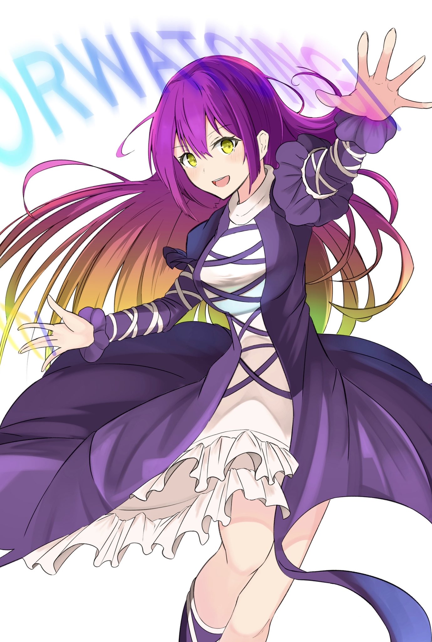 1girl :d \||/ bangs black_dress brown_hair cross-laced_clothes dress english_text eyebrows_visible_through_hair gradient_hair happy highres hijiri_byakuren holding holding_scroll juliet_sleeves layered_dress long_hair long_sleeves looking_at_viewer multicolored_hair open_mouth po_(anhk5528) puffy_sleeves purple_hair scroll simple_background smile solo sorcerer's_sutra_scroll standing touhou turtleneck_dress white_background white_dress yellow_eyes