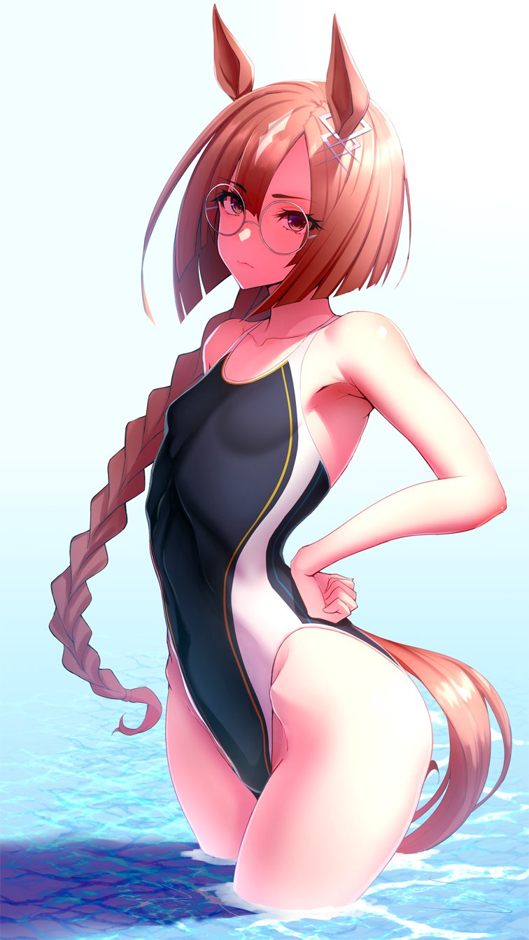 1girl actinium89 animal_ears black_swimsuit braid breasts brown_hair commentary_request competition_swimsuit glasses highleg highleg_swimsuit highres horse_ears horse_girl horse_tail ikuno_dictus_(umamusume) long_hair one-piece_swimsuit simple_background single_braid small_breasts soaking_feet solo standing swimsuit tail twintails umamusume water white_background