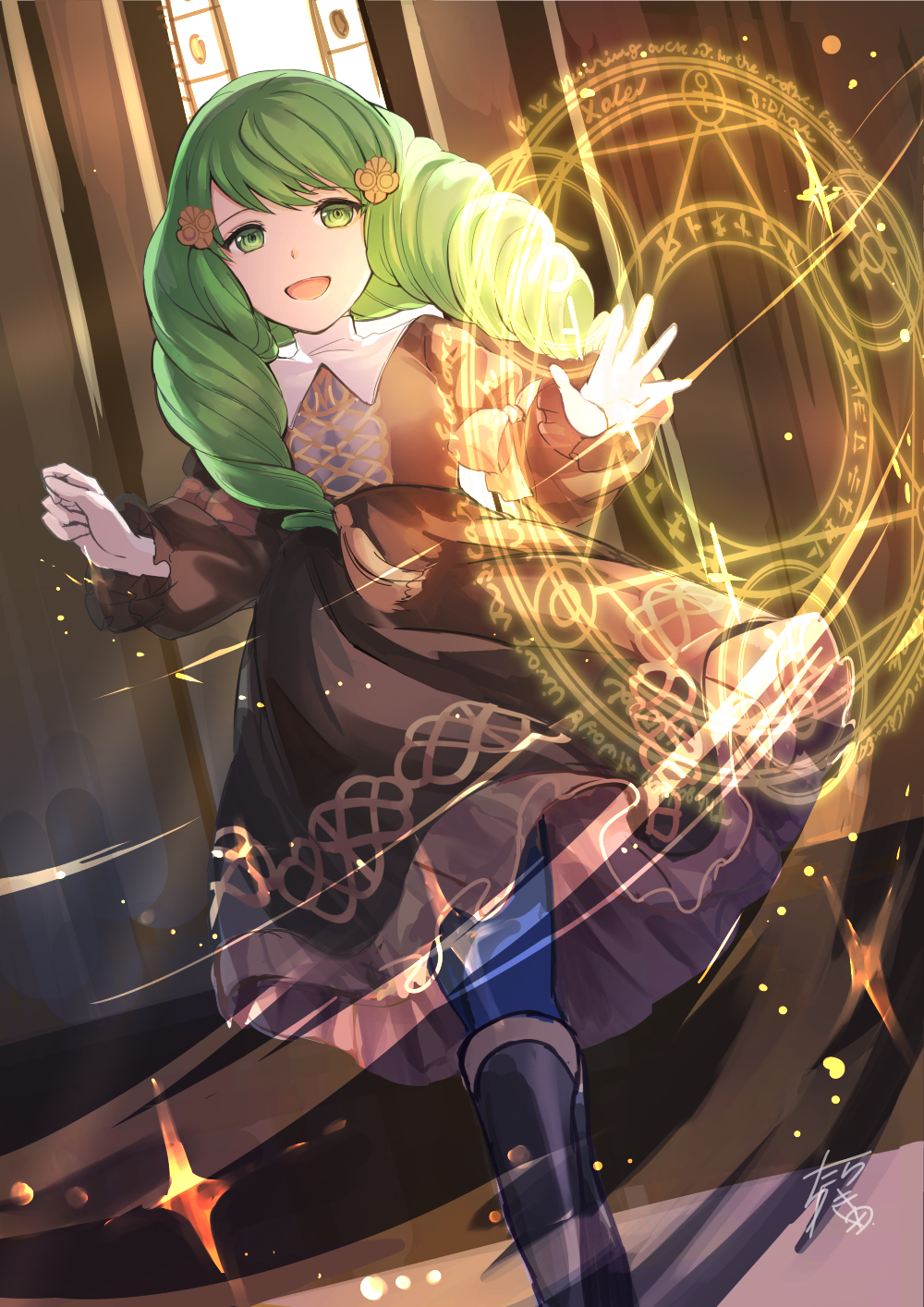 1girl :d bangs black_dress black_footwear blue_legwear boots bow casting_spell clenched_hand detached_sleeves dress fire_emblem fire_emblem:_three_houses flayn_(fire_emblem) frills full_body garreg_mach_monastery_uniform gold_trim green_eyes green_hair hair_ornament hands_up highres indoors knee_boots long_hair long_sleeves looking_at_viewer magic_circle open_mouth pantyhose school_uniform shiny shiny_hair signature smile solo standing turtleneck yukimiyuki