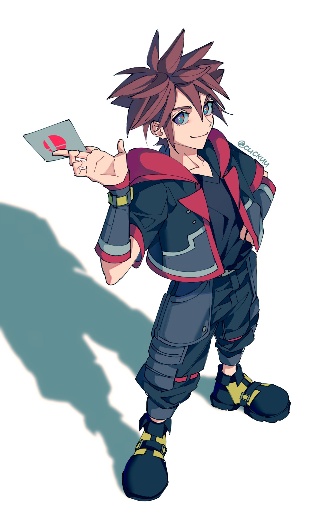 1boy blue_eyes brown_hair clickuu envelope fingerless_gloves gloves highres hood jewelry kingdom_hearts kingdom_hearts_iii looking_at_viewer male_focus necklace short_hair simple_background smash_invitation smile solo sora_(kingdom_hearts) spiky_hair super_smash_bros. white_background