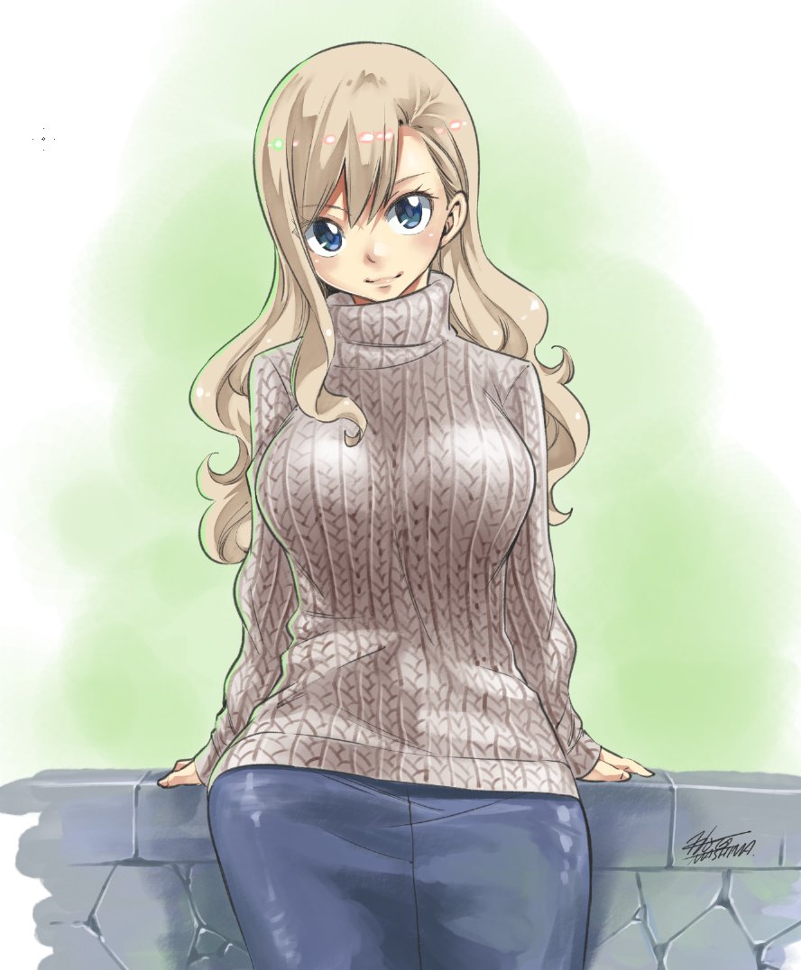 1girl bangs blonde_hair blue_eyes breasts brown_sweater denim denim_skirt eden's_zero fence hair_between_eyes jewelry large_breasts leaning_back long_hair looking_at_viewer mashima_hiro necklace official_art rebecca_bluegarden signature skirt smile solo sweater turtleneck turtleneck_sweater