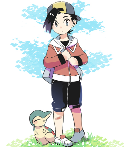 1boy backwards_hat bag bandaid bandaid_on_knee baseball_cap black_hair black_shirt black_shorts closed_mouth commentary_request cyndaquil ethan_(pokemon) grass grey_bag grey_eyes hat holding_strap jacket long_sleeves looking_at_viewer lowres male_focus pokemon pokemon_(creature) pokemon_(game) pokemon_hgss shirt shoes short_hair shorts standing white_footwear xichii