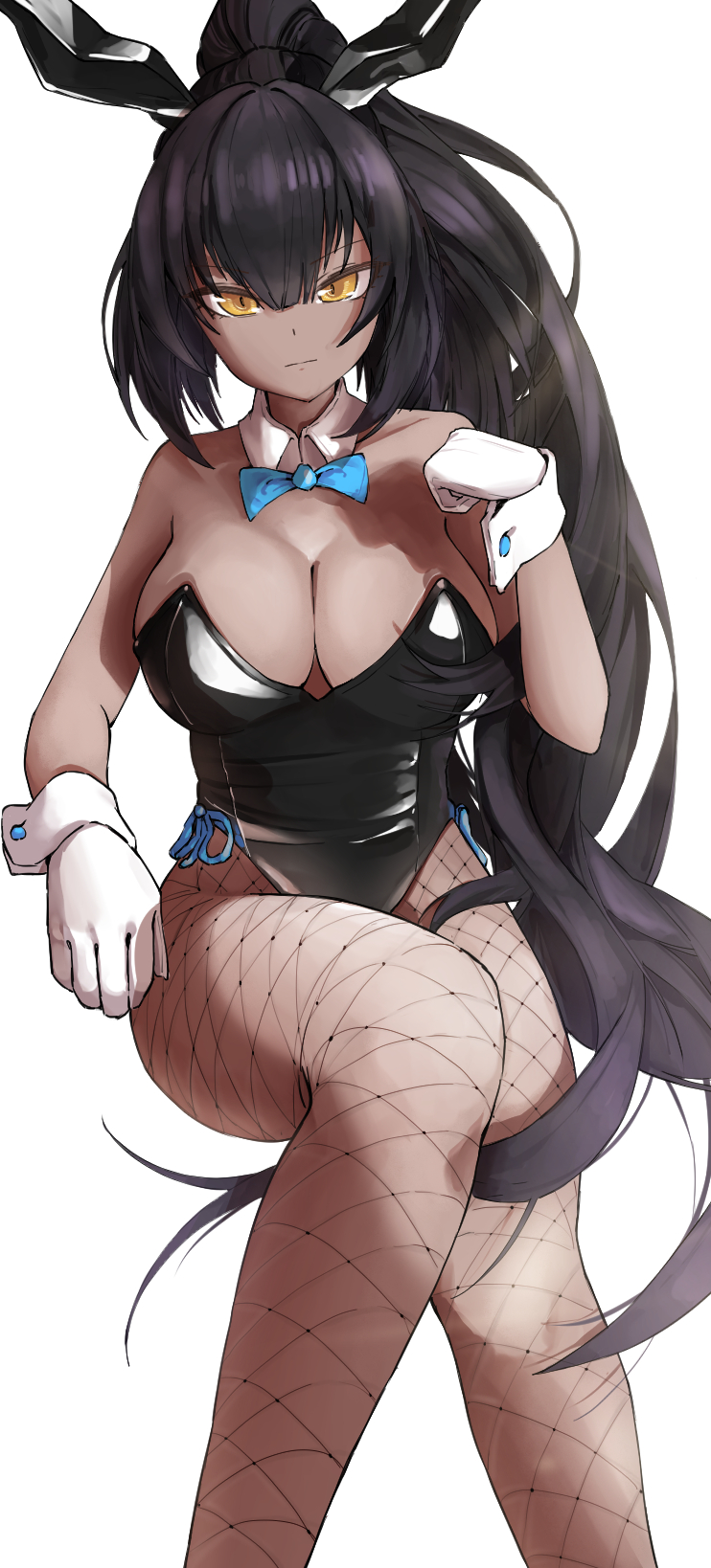 1girl animal_ears armpits bangs bare_shoulders black_hair black_leotard blue_archive blue_bow bow breasts closed_mouth commentary_request dark-skinned_female dark_skin detached_collar fishnet_legwear fishnets gloves high_ponytail highres jewelry karin_(blue_archive) large_breasts leotard long_hair looking_at_viewer nmm playboy_bunny rabbit_ears rabbit_tail sidelocks tail very_long_hair white_background white_gloves wrist_cuffs yellow_eyes