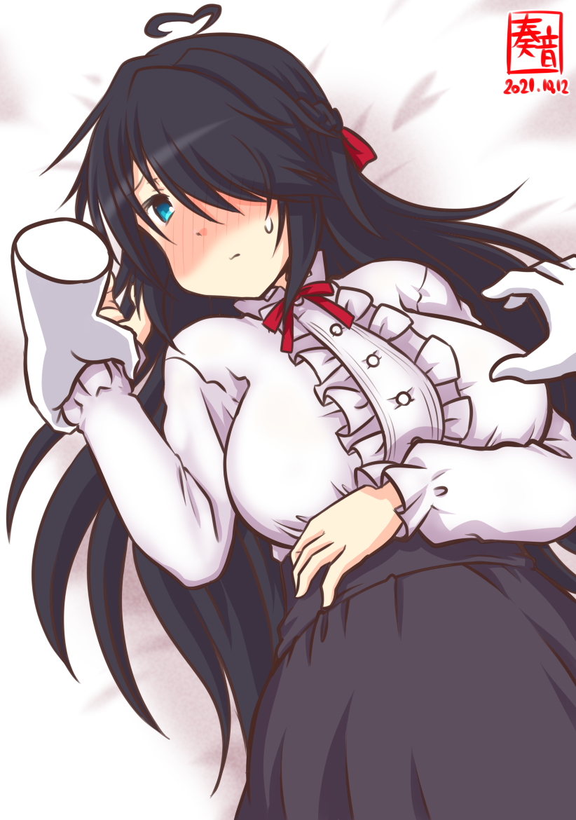 1boy 1girl ahoge alternate_costume bed bed_sheet bedroom black_hair black_skirt blue_eyes blush boy_on_top breasts covered_eyes dress dress_shirt embarrassed frilled_shirt frills hair_ribbon indoors jewelry kako_(kancolle) kanon_(kurogane_knights) kantai_collection large_breasts long_hair long_sleeves lying messy_hair necklace on_back on_bed one-hour_drawing_challenge red_ribbon ribbon shirt skirt