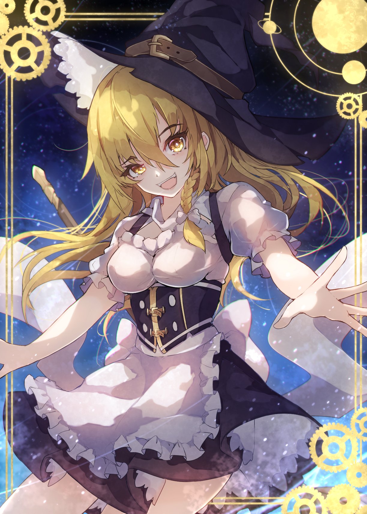 1girl apron arm_up bangs belt black_dress black_headwear blonde_hair blue_sky bow braid breasts broom brown_belt brown_eyes buttons chiroru_(cheese-roll) dress eyebrows_visible_through_hair fang fangs gradient gradient_sky hair_between_eyes hair_bow hand_up hat highres kirisame_marisa long_hair looking_at_viewer medium_breasts night night_sky open_mouth puffy_short_sleeves puffy_sleeves short_sleeves single_braid sky smile solo standing star_(sky) starry_sky teeth tongue touhou white_apron white_bow white_dress witch_hat yellow_eyes