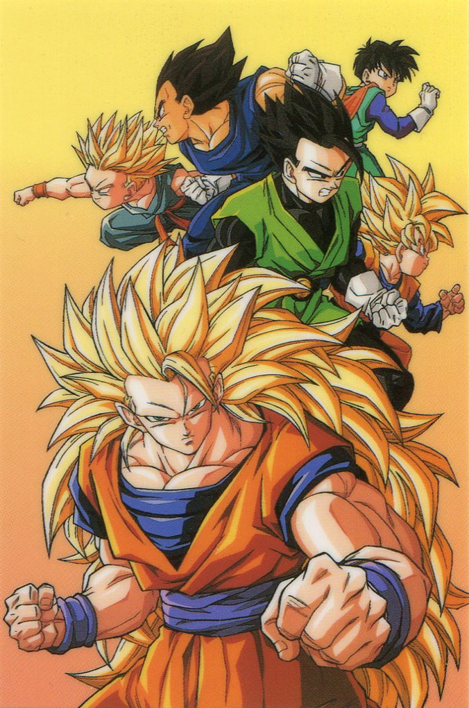 1990s_(style) 1girl 5boys black_eyes black_hair blonde_hair blue_eyes brothers dougi dragon_ball dragon_ball_z father_and_son gloves gradient gradient_background grin long_sleeves looking_at_viewer multiple_boys muscular muscular_male no_eyebrows official_art retro_artstyle saiyan scan serious siblings single_bang sleeveless smile son_gohan son_goku son_goten spiky_hair super_saiyan super_saiyan_1 super_saiyan_3 trunks_(dragon_ball) vegeta videl white_gloves