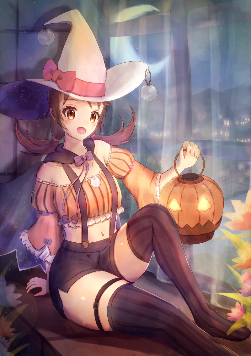 10ml 1girl brown_eyes brown_hair flower halloween hat holding long_hair looking_at_viewer lyra_(pokemon) open_mouth pokemon pokemon_(game) pokemon_hgss pumpkin smile thigh-highs twintails witch_hat