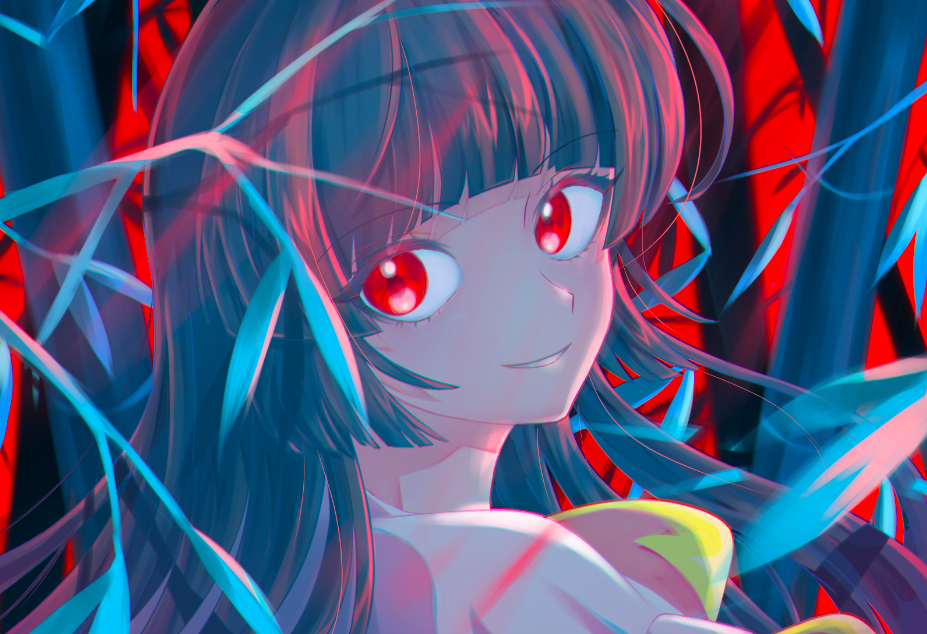 1girl bamboo bamboo_forest bangs blouse closed_mouth eyebrows_visible_through_hair forest from_behind grey_hair houraisan_kaguya long_hair long_sleeves looking_to_the_side nature oataruu pink_blouse red_background red_eyes smile solo teeth touhou upper_body wide_sleeves