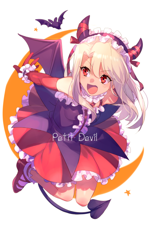 1girl bangs bare_shoulders blush breasts echo_(circa) fate/grand_order fate/kaleid_liner_prisma_illya fate_(series) halloween_petite_devil_(fate/grand_order) illyasviel_von_einzbern long_hair open_mouth red_eyes small_breasts smile solo white_hair