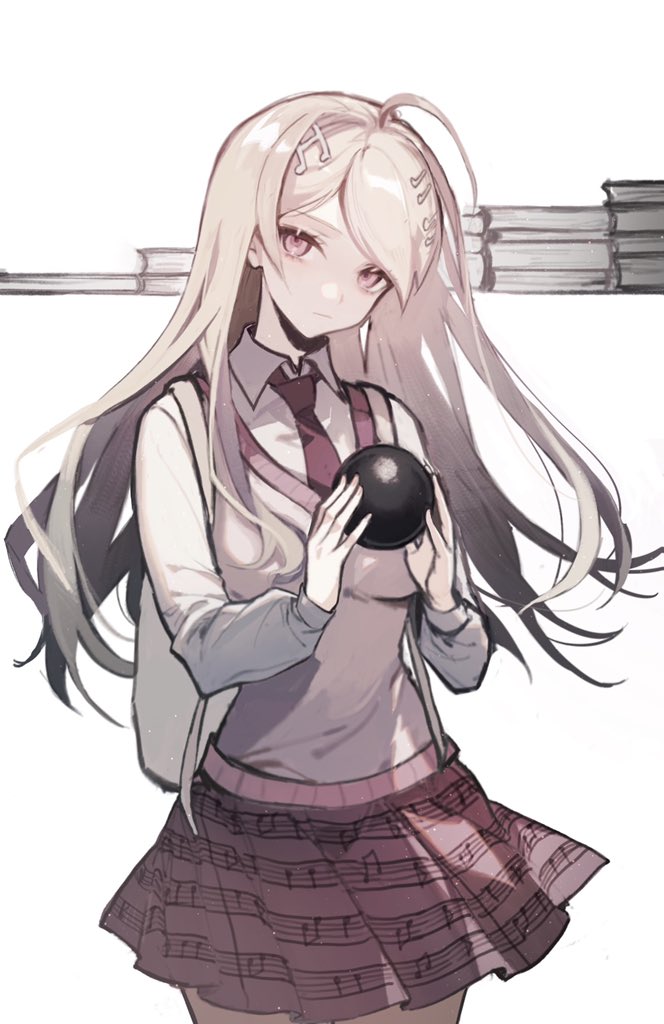 1girl ahoge akamatsu_kaede backpack bag bangs book book_stack closed_mouth collared_shirt commentary_request cowboy_shot danganronpa_(series) danganronpa_v3:_killing_harmony hair_ornament holding long_hair long_sleeves looking_at_viewer miniskirt musical_note musical_note_hair_ornament necktie pink_skirt pink_vest pleated_skirt raito47 shiny shiny_hair shirt simple_background skirt solo sweater_vest vest white_background