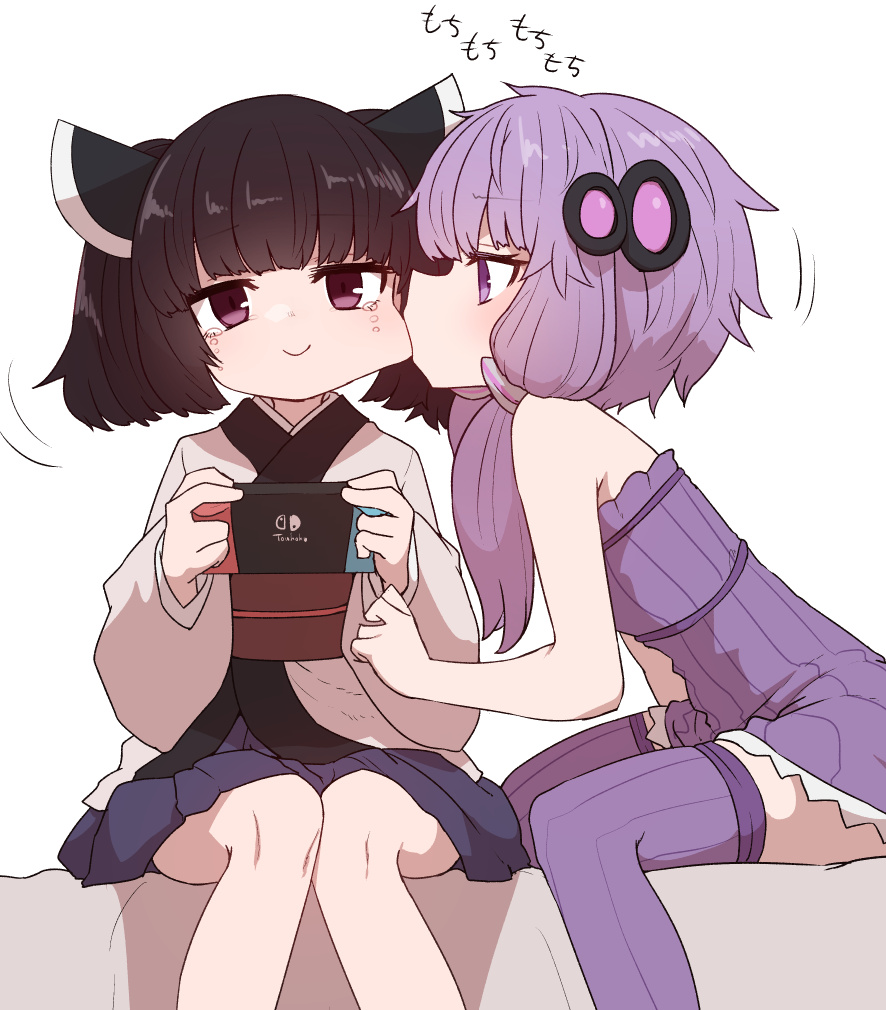 2girls biting brown_hair cheek_biting closed_mouth dress hair_over_shoulder handheld_game_console holding holding_handheld_game_console knees_together_feet_apart long_hair long_sleeves looking_at_viewer medium_hair multiple_girls nintendo_switch obi profile purple_dress purple_hair purple_legwear purple_skirt red_sash sash simple_background sitting skirt smile strapless strapless_dress sumiyao_(amam) tears thigh-highs touhoku_kiritan tube_top twintails violet_eyes voiceroid white_background yuzuki_yukari