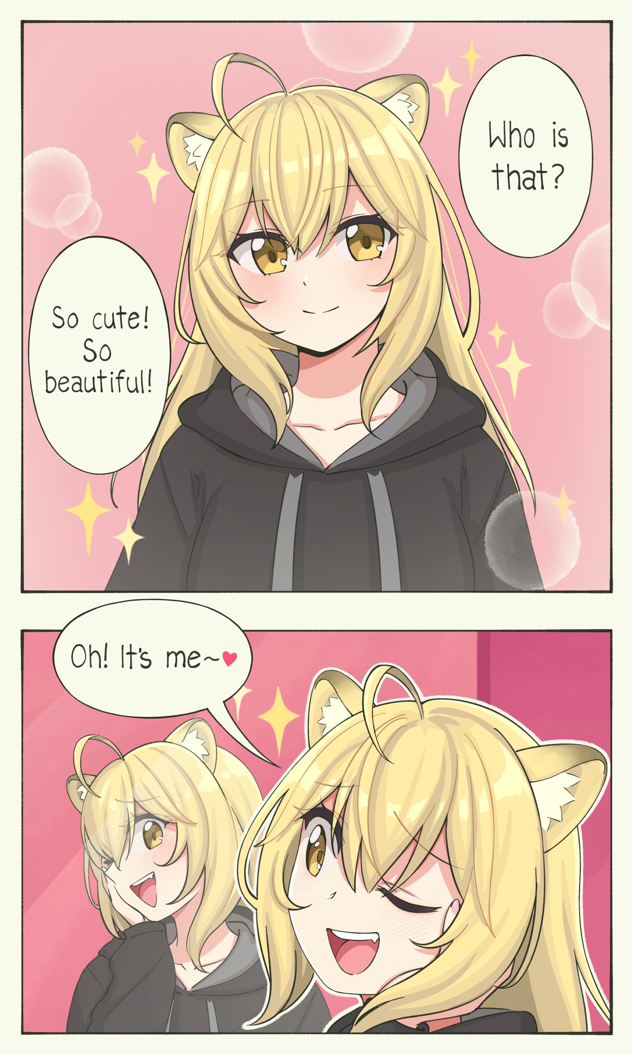 1girl :d ahoge animal_ear_fluff animal_ears bangs black_hoodie blonde_hair collarbone commentary english_commentary english_text fang hair_between_eyes highres hood hood_down hoodie long_hair looking_at_viewer mirror open_mouth pas_(paxiti) reflection smile solo sparkle speech_bubble vrchat yellow_eyes