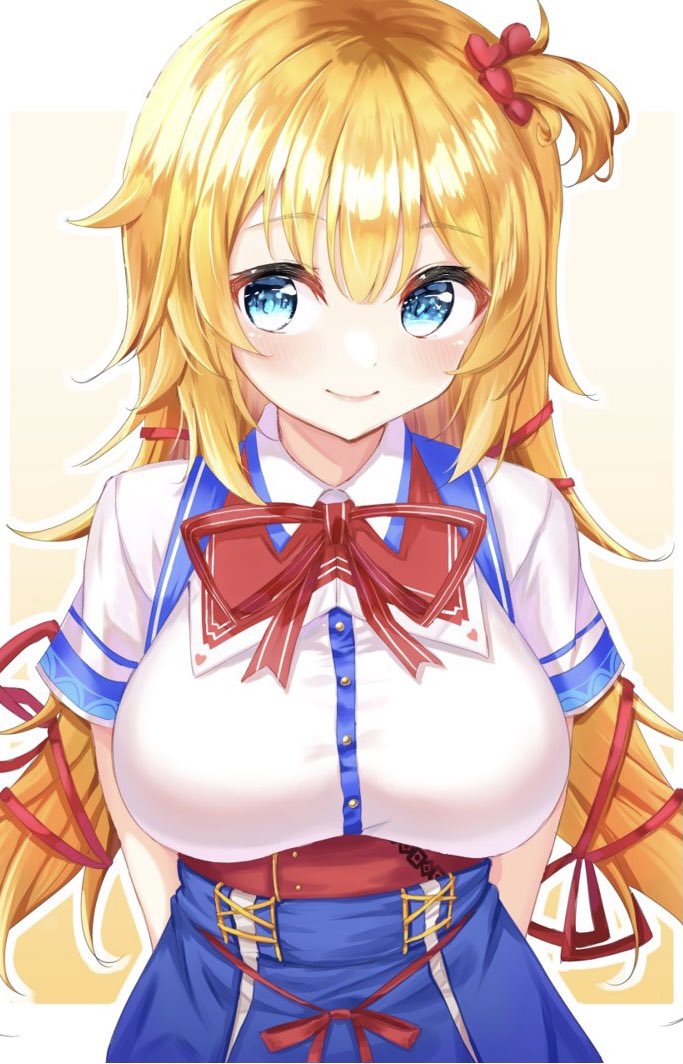 1girl akai_haato bangs blonde_hair blue_eyes blush breasts commentary eyebrows_visible_through_hair hair_ornament hair_ribbon heart heart_hair_ornament hololive large_breasts long_hair ribbon simple_background smile solo suzuka_pen virtual_youtuber