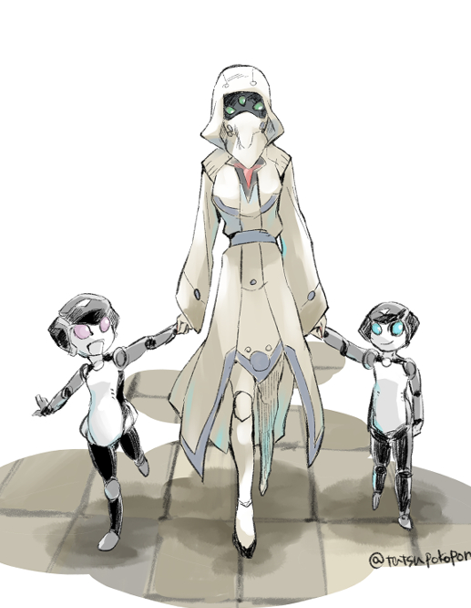 1boy 2girls admin_(world_flipper) arm_at_side arm_up arms_at_sides artist_name bandana bandana_over_mouth belt blank_eyes blue_eyes breasts child closed_mouth commentary_request covered_mouth dress extra_eyes flat_chest full_body green_eyes happy holding_hands hood hood_up hooded_dress humanoid_robot long_sleeves multiple_girls open_mouth outstretched_arm outstretched_arms pink_eyes signature small_breasts smile standing straight-on tatsuri_(forest_penguin) twitter_username walking white_background white_dress world_flipper