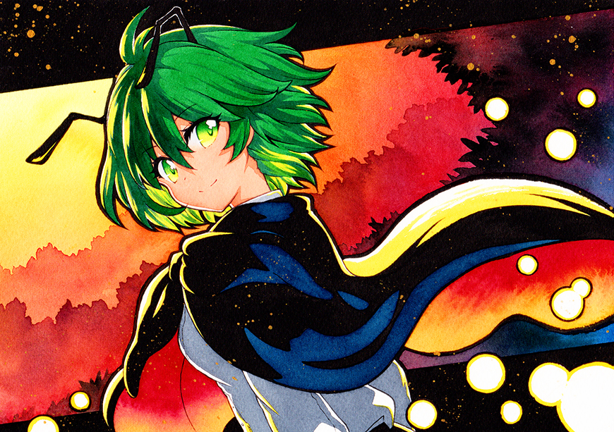 1girl antennae bangs black_cape breasts cape closed_mouth collared_shirt commentary_request eyebrows_visible_through_hair green_eyes green_hair hair_between_eyes long_sleeves looking_at_viewer looking_back orange_cape qqqrinkappp shirt short_hair small_breasts smile solo touhou traditional_media two-sided_cape two-sided_fabric upper_body white_shirt wriggle_nightbug
