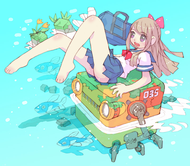 1girl animal bag barefoot blue_bag blue_skirt blush bow brown_hair crack eyebrows_visible_through_hair fish flower grass grey_eyes hair_bow light_brown_hair long_hair moss nakayama_tooru open_mouth orange_flower original partially_submerged pink_bow red_bow red_neckwear robot rock school_bag school_uniform serafuku skirt swimming teeth upper_teeth wading water