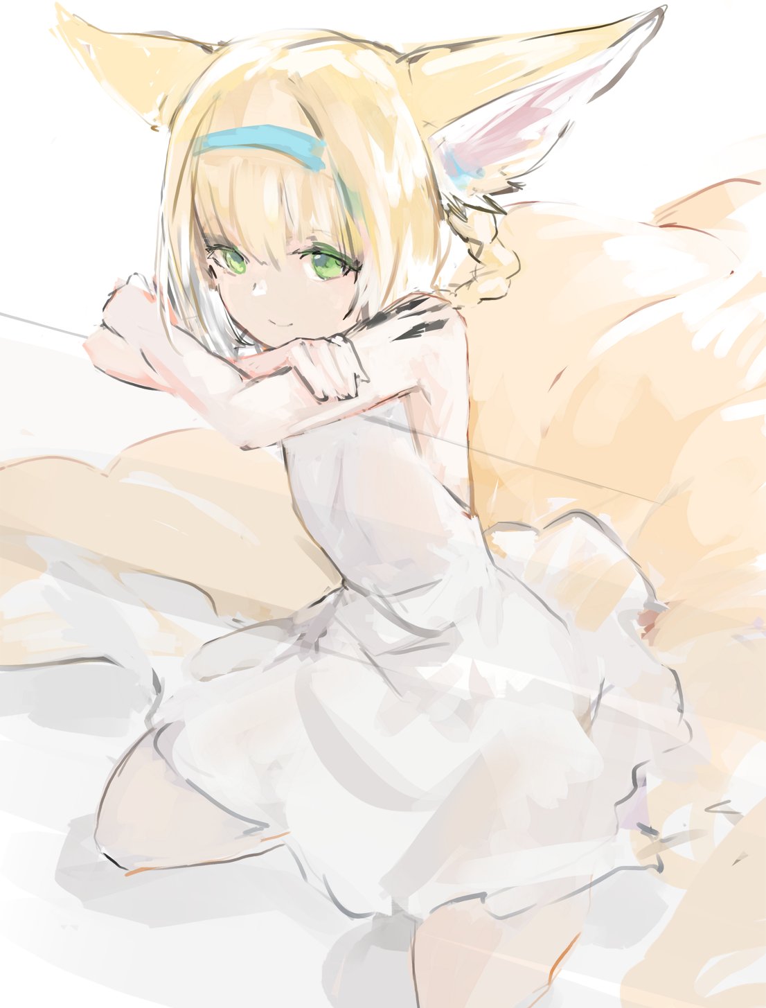 1girl alternate_costume animal_ears arknights bare_arms blue_hairband braid commentary crossed_arms dress english_commentary fox_ears fox_girl fox_tail glass_table gnai green_eyes hairband highres seiza simple_background sitting sketch sleeveless sleeveless_dress smile solo suzuran_(arknights) table tail white_background white_dress