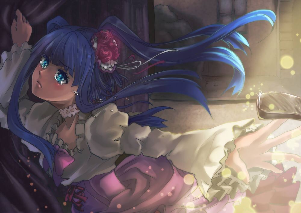 blue_hair blush choker dress european_clothes flower furudo_erika hair_ornament shimaji solo tears umineko_no_naku_koro_ni