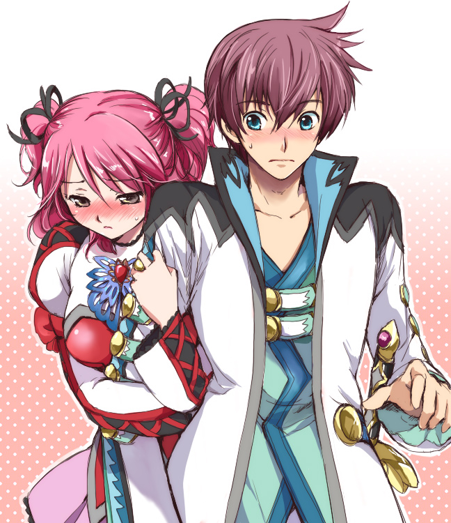 1girl arm_hug asbel_lhant blush brown_eyes cheria_barnes couple embarrassed kurimomo pink_hair sword tales_of_(series) tales_of_graces two_side_up weapon