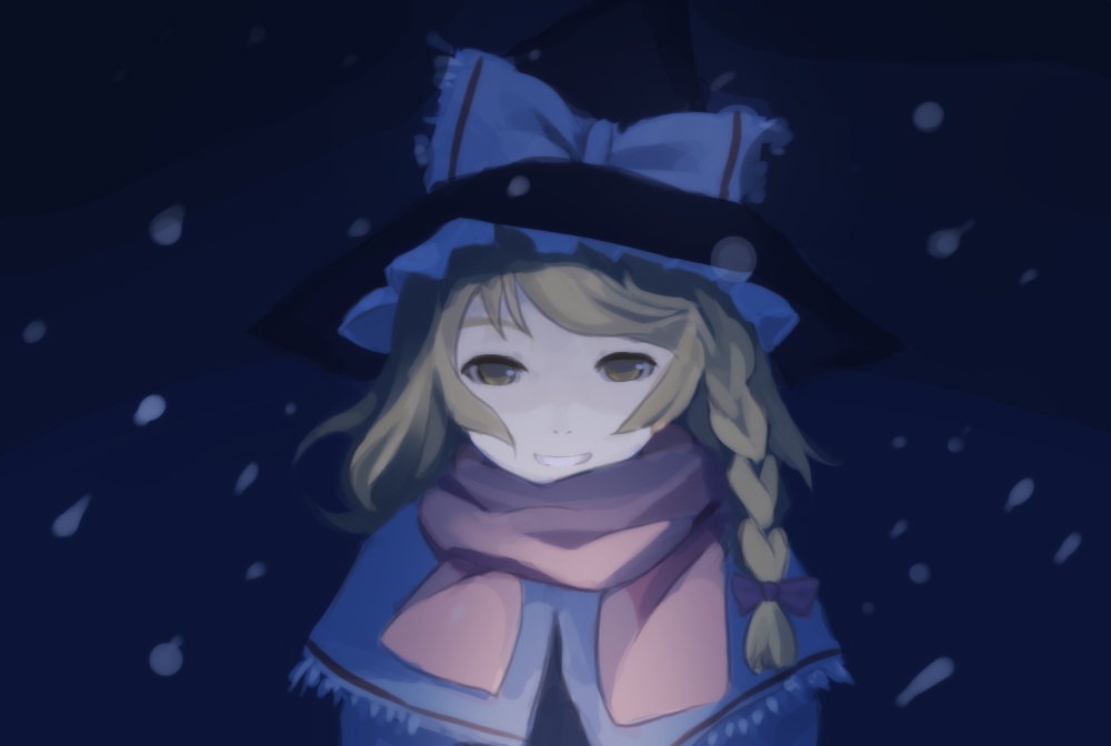 blonde_hair braid capelet grin hat kirisame_marisa night raemz scarf smile snow solo touhou weee_(raemz) witch_hat yellow_eyes