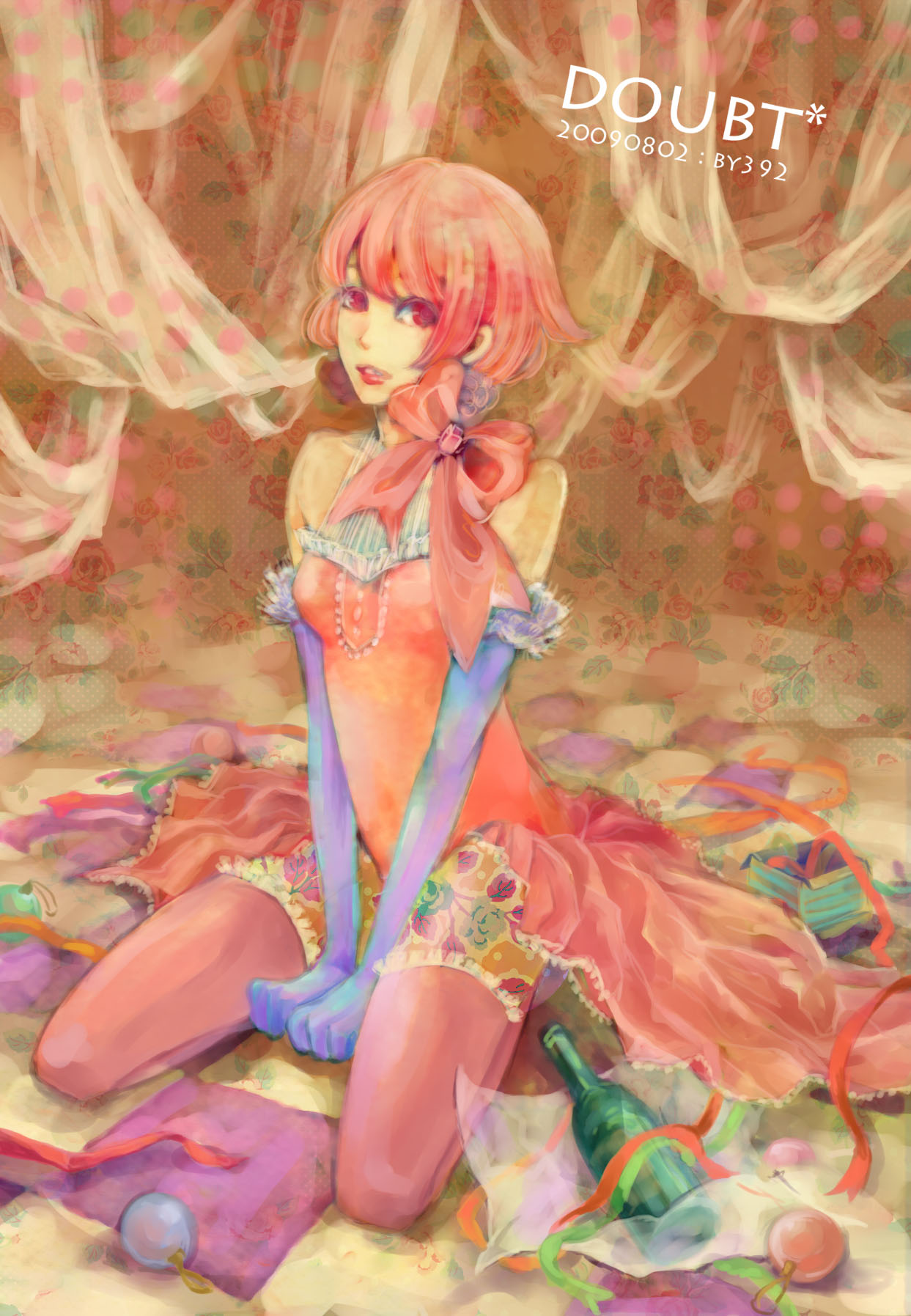 bow dress elbow_gloves flower frills gloves highres lace lips mikuni28 original pink_eyes pink_hair ribbon solo thigh-highs thighhighs