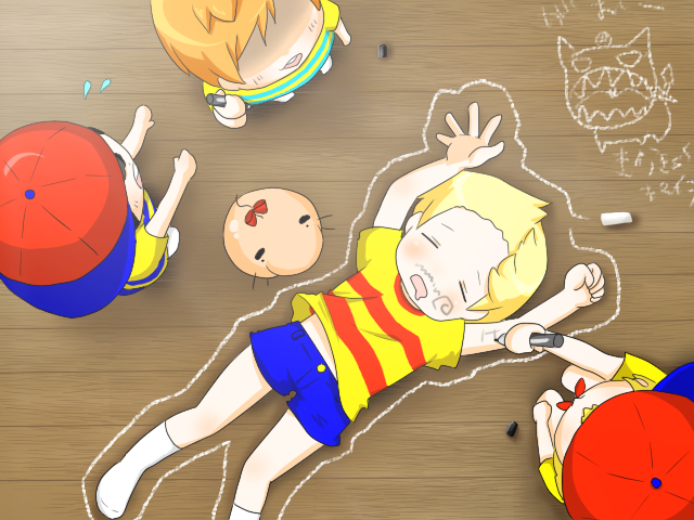 blonde_hair chalk claus doseisan hat lucas marker mother_(game) mother_1 mother_2 mother_3 ness ninten orange_hair pikanchu sleeping socks striped striped_shirt ultimate_chimera