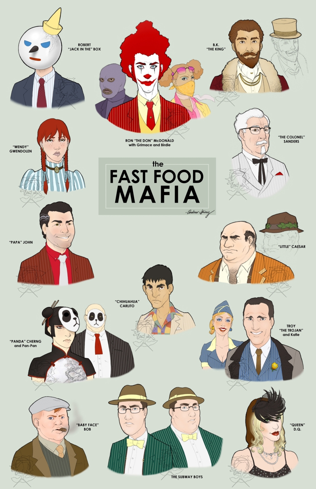 birdie_(mcdonald's) burger_king colonel_sanders crossdressinging dairy_queen everyone gangster grimace_(mcdonald's) highres jack_box jack_in_the_box jared_(subway) kfc kfc_(company) little_caesar little_caesars mafia mcdonald's papa_john's ronald_mcdonald subway_(company) taco_bell the_king wendy's wendy_(wendy's)