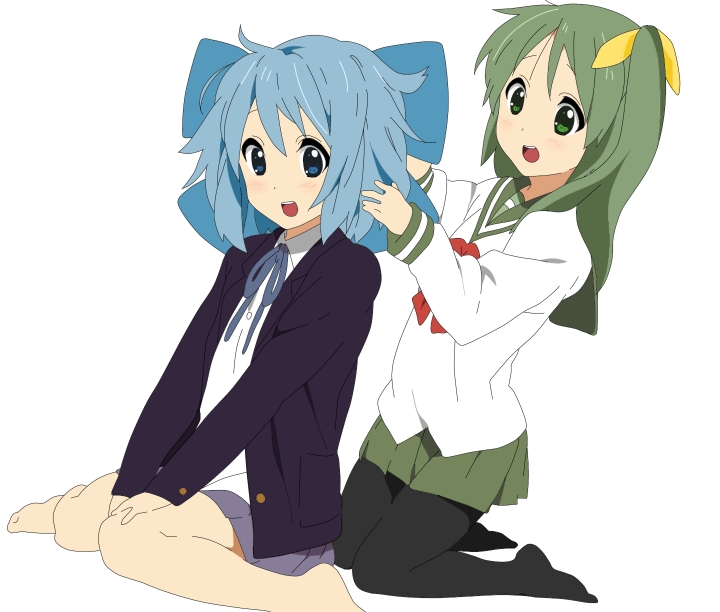 beni_oboro blazer blue_eyes blue_hair cirno cirno_(cosplay) cosplay crossover daiyousei daiyousei_(cosplay) derivative_work green_eyes green_hair hirasawa_ui hirasawa_yui k-on! pantyhose parody ribbon school_uniform siblings side_ponytail sisters touhou