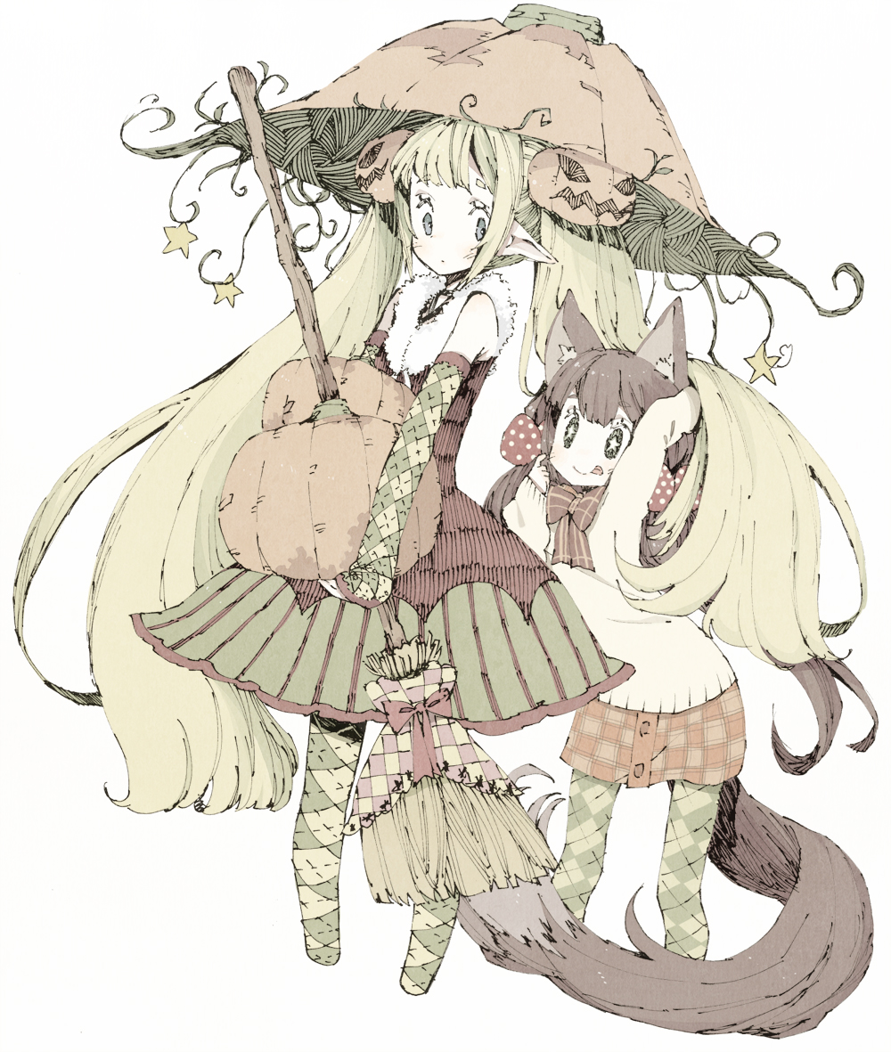 abara_heiki animal_ears blonde_hair broom brown_eyes brown_hair highres long_hair multiple_girls pantyhose pointy_ears pumpkin tail twintails very_long_hair