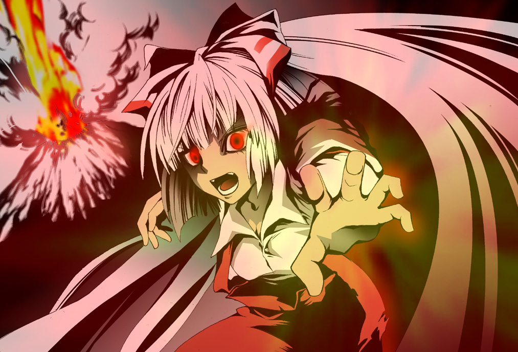 angry bad_id bangs blunt_bangs bow eruption explosion fire foreshortening fujiwara_no_mokou hair_bow hair_ribbon hands hime_cut karu long_hair open_mouth outstretched_arm outstretched_hand reaching red_eyes ribbon shirt silver_hair smoke solo touhou volcano white_shirt